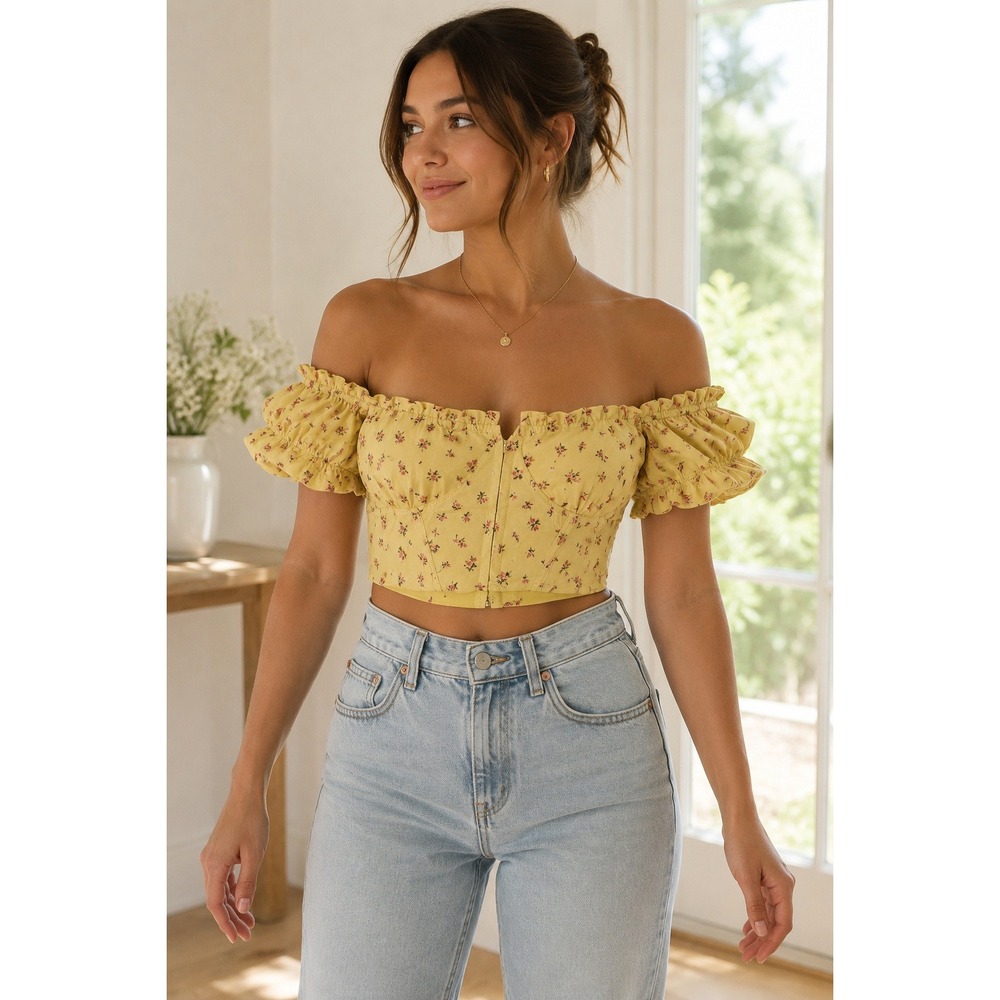 White Fox Floral Yellow Corset‎ Crop Top Off Shoulder Ruffle Puff Sleeve S